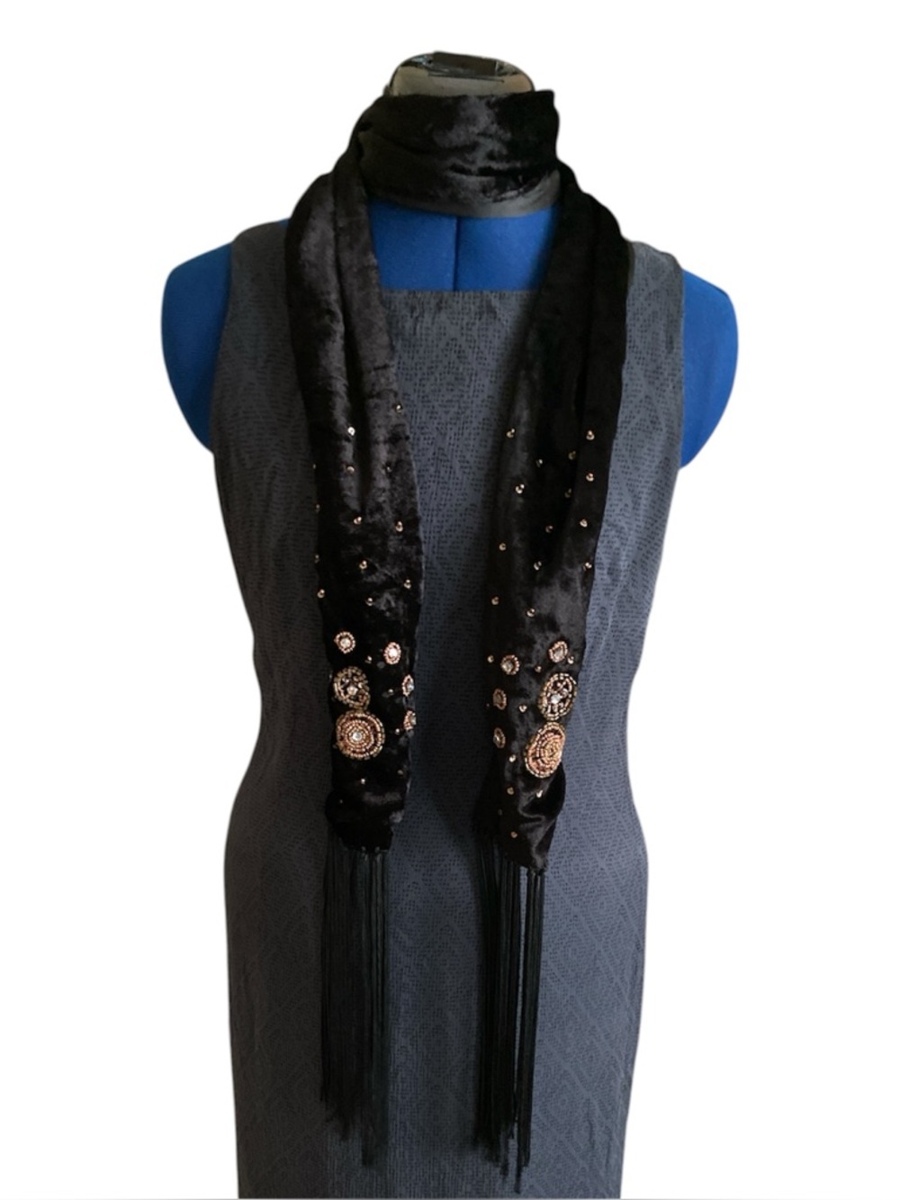 Velvet Beaded Fringe Skinny Long Scarf Festival